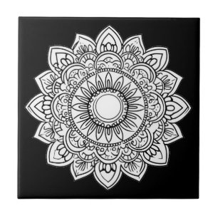 Azulejo Tile de cerámica blanca y negra Mandala
