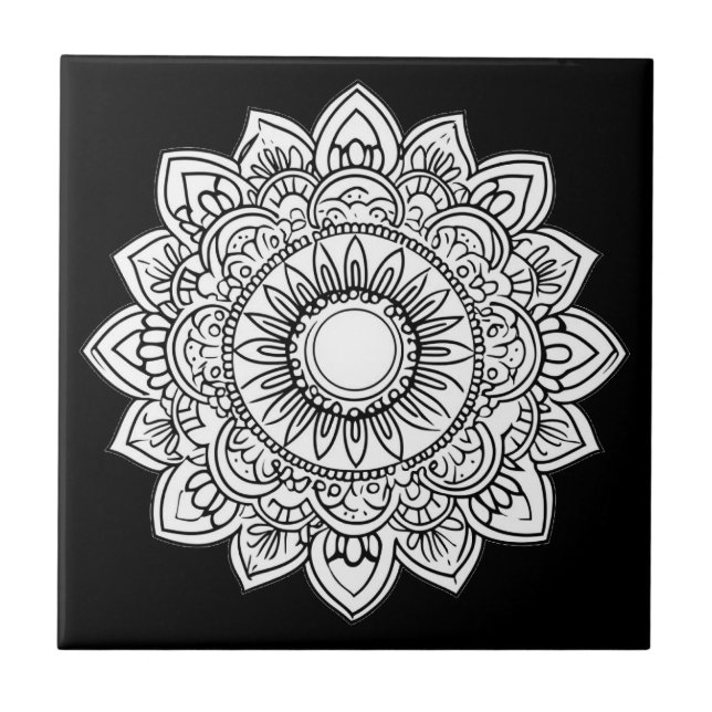 Azulejo Tile de cerámica blanca y negra Mandala (Frente)