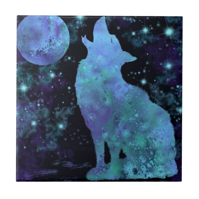 Azulejo Tile de cerámica de lobo y luna llena - Pintura (Frente)