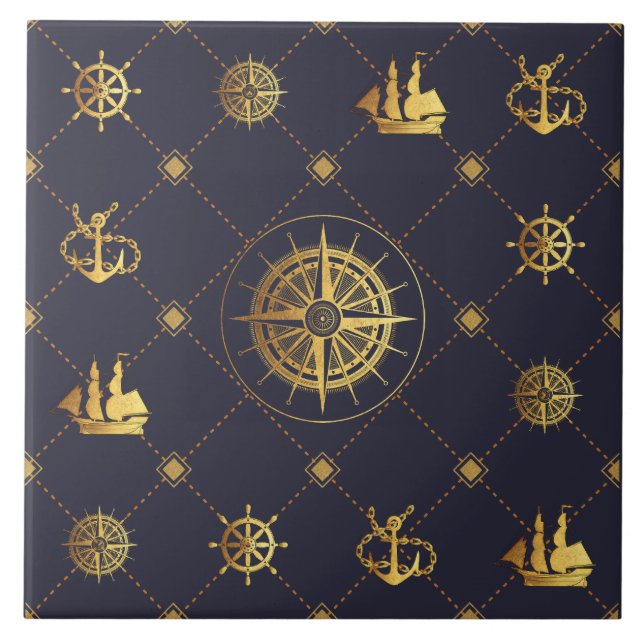 Azulejo Tile de cerámica náutica dorada (Frente)