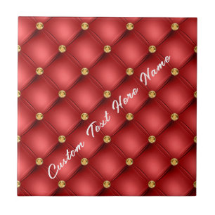 Azulejo Tile de cerámica roja y dorada con texto Personali