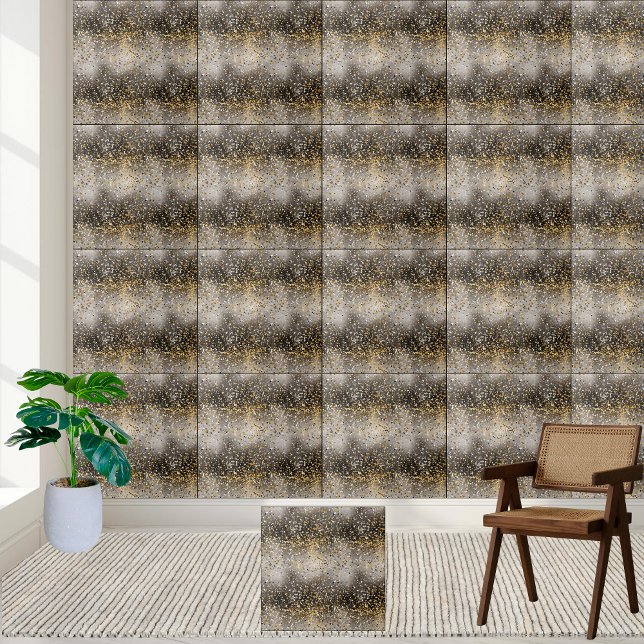 Azulejo Tile de destello negro y Purpurina dorado (Black and Gold Glitter Sparkle Tile)