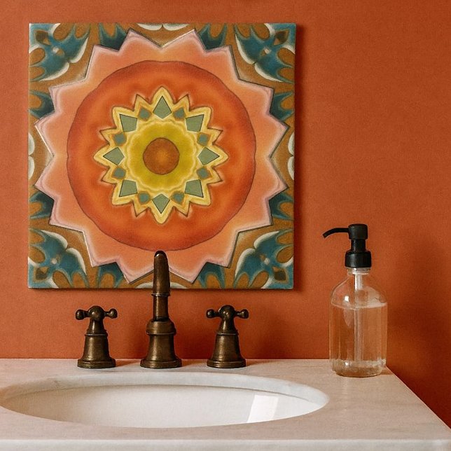 Azulejo Tile de diseño de abstracto geométrico de algodón  (Geometric abstract design tile in warm terra cotta and green earth colors. For kitchen or bathroom)