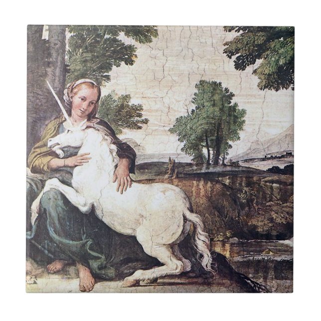 Azulejo Tile de Maiden y Unicorn por Domenichino circa 160 (Frente)