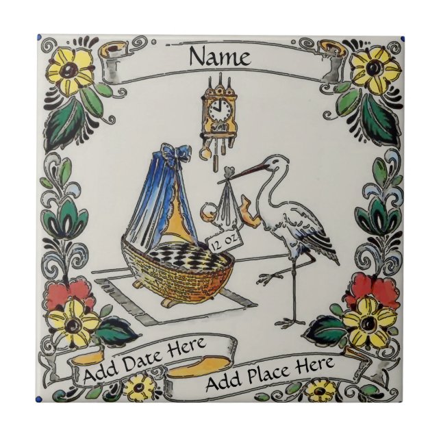 Azulejo Tile de nacimiento, aspecto holandés, personalizac (Frente)