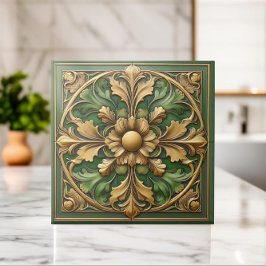 Azulejo Tile de ornamento floral oriental - Verde y Oro