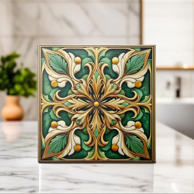 Azulejo Tile de ornamento floral oriental - Verde y Oro (Subido por el creador)