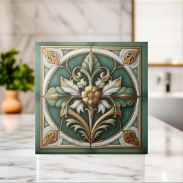 Azulejo Tile de ornamento floral oriental - Verde y Oro