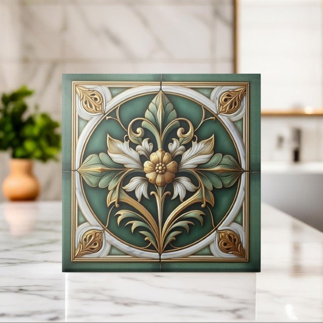 Azulejo Tile de ornamento floral oriental - Verde y Oro (Subido por el creador)