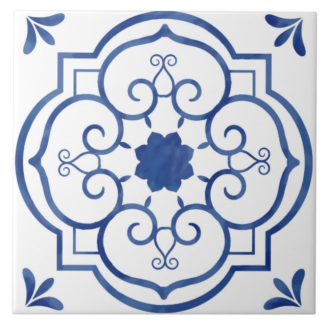 Azulejo Tile De Patrón Floral Azul Decorativo (Frente)