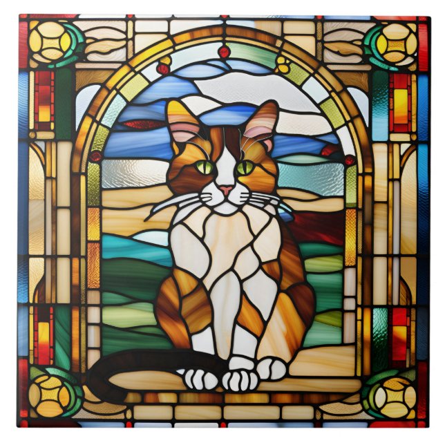 Azulejo Tile Decorativo De Vidrio Manchado Calico Cat