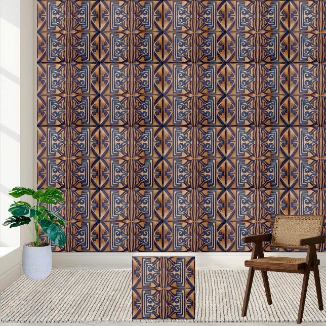 Azulejo Tile del patrón de las claves griegas, azul y oro (Subido por el creador)