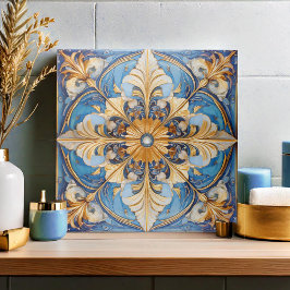 Azulejo Tile floral barroco pat#18 Sky Blue Gold ID1078