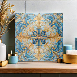 Azulejo Tile floral barroco pat#19 Aqua Blue Gold ID1078