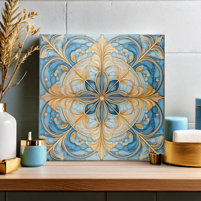 Azulejo Tile floral barroco pat#19 Aqua Blue Gold ID1078 (Subido por el creador)