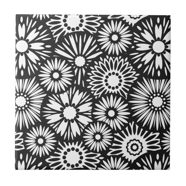 Azulejo Tile floral blanco y negro (Frente)