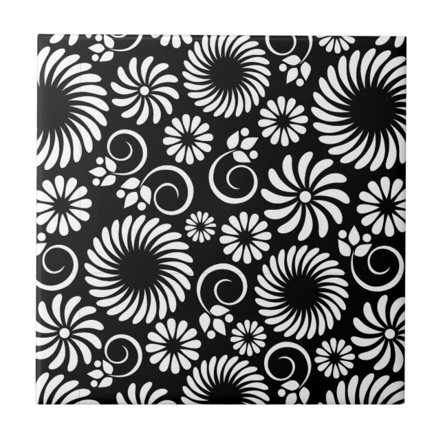 Azulejo Tile floral blanco y negro (Frente)