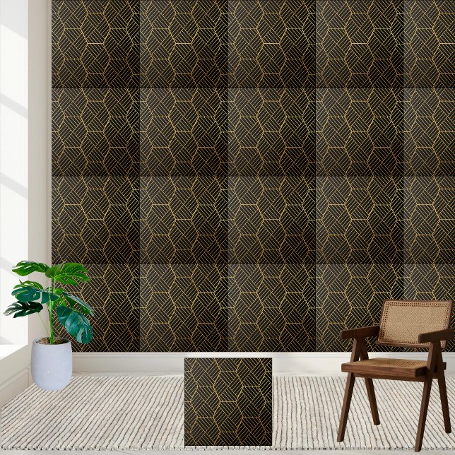 Azulejo Tile geométrico negro y oro (Geometric Black and Gold Tile)