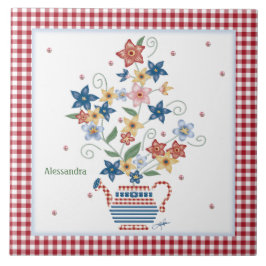 Azulejo Tile Stencil Floral Rojo Gingham Personalizado