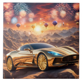 Azulejo tile with a golden luxury car in desert landscape