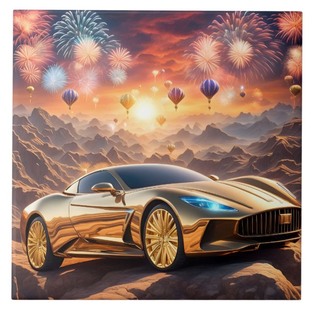 Azulejo tile with a golden luxury car in desert landscape (Frente)