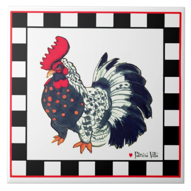 Azulejo Tile with rooster art black white checks (Frente)