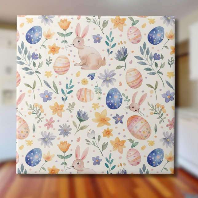 Azulejo Timeless Watercolor Pastel Bunny Flowers Eggs (Subido por el creador)