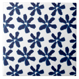 Azulejo Tinta de Acuarela Floral Azul añil Blanco