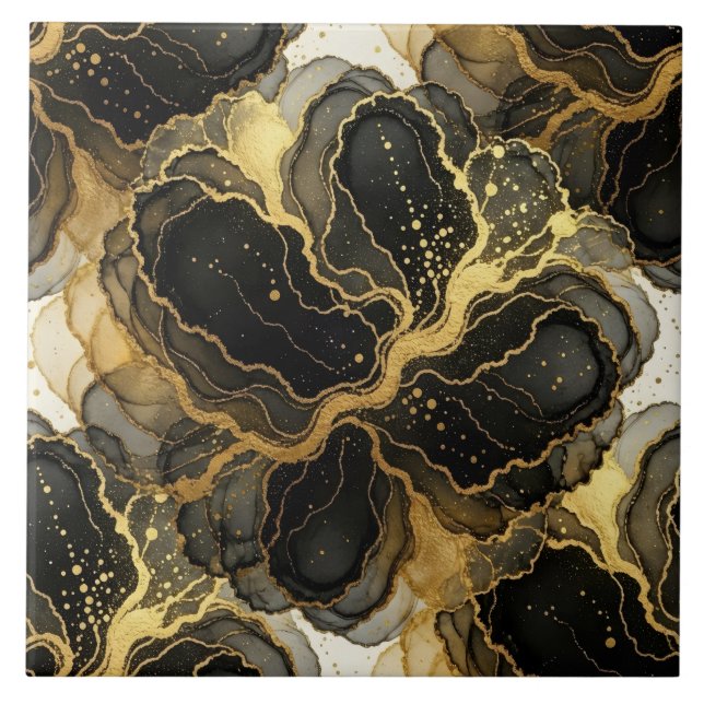 Azulejo Tinta de alcohol de mármol negro, blanco y dorado  (Frente)