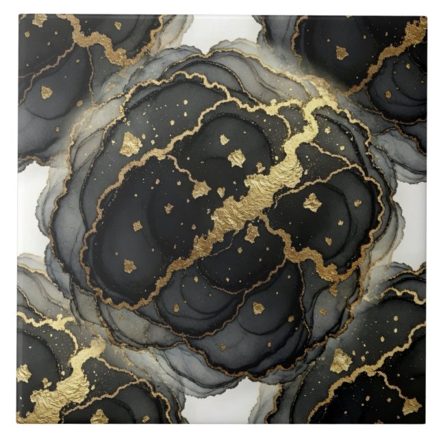 Azulejo Tinta de alcohol de mármol negro, blanco y dorado  (Frente)