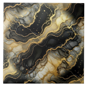 Azulejo Tinta de alcohol mármol negro, blanco y dorado de 