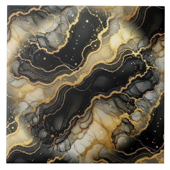 Azulejo Tinta de alcohol mármol negro, blanco y dorado de  (Frente)