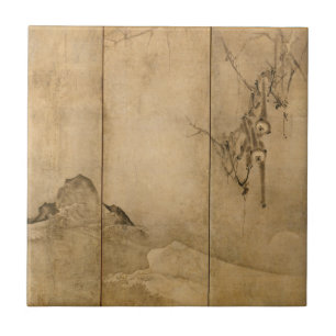 Azulejo Tinta japonesa en papel Gibbons Primates y paisaje