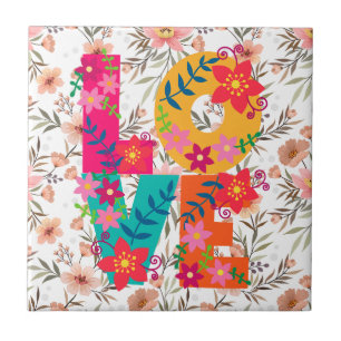 Azulejo Tipografía floral colorida sobre las flores del Bo