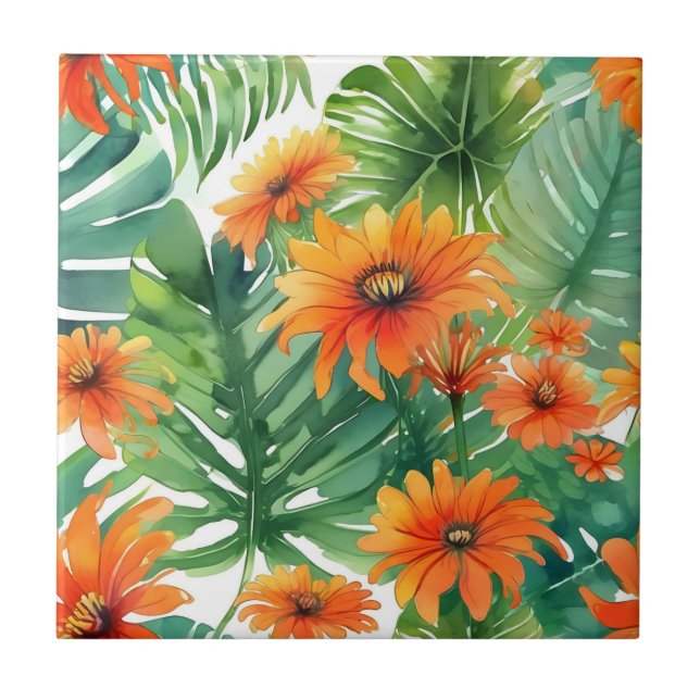 Azulejo Tithonia Vibrant Watercolor Tropical (Frente)