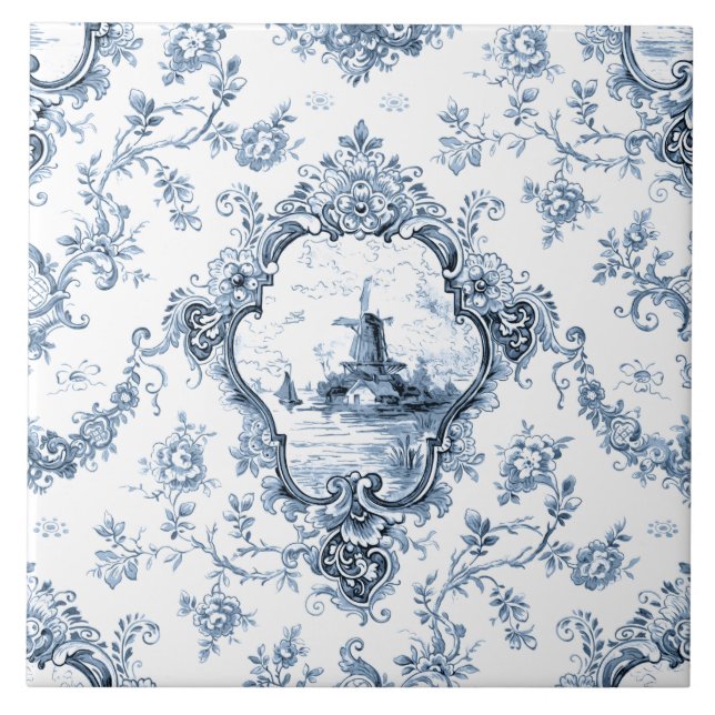 Azulejo Toalla floral grabada con molino de viento y botes (Frente)