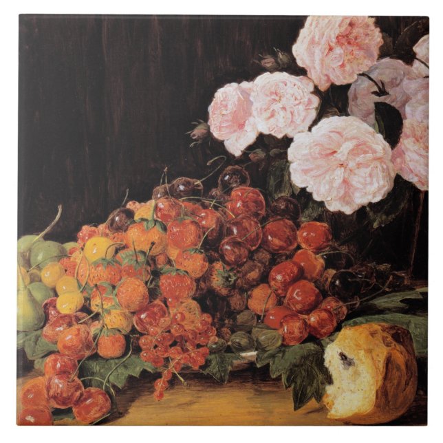 Azulejo Todavía la vida con Rosas, fresas y pan (Frente)