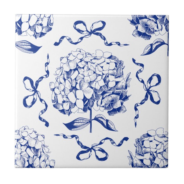 Azulejo Toile azul preppy Hydrangea Bow Seamless Pattern (Frente)