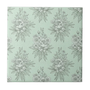 Azulejo Toile Botánico Verde Menta con Ramos Florales