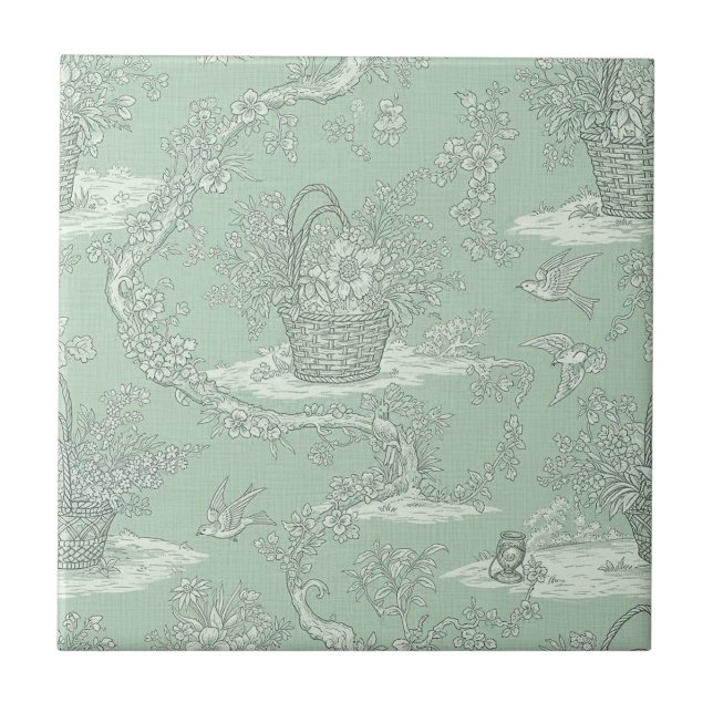 Azulejo Toile Botánico Verde Menta con Ramos Florales 2 (Frente)