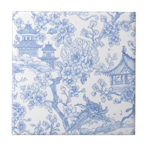 Azulejo Toile de Chinoiserie Azul Dragón Flor de Cerezo