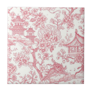 Azulejo Toile de Chinoiserie Rosa Dragón Flor de Cerezo