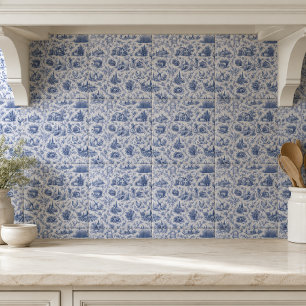 Azulejo Toile de Francia Azul Patrón de Rama de Rosa Campe