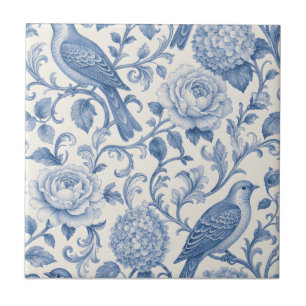 Azulejo Toile de Jouy Azul Patrón Floral Francés de Pájaro