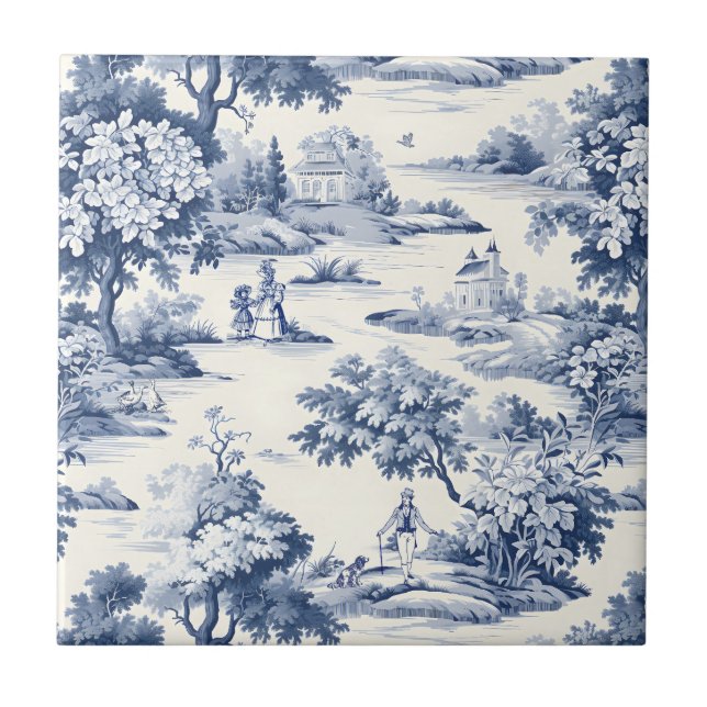 Azulejo Toile de jouy, azul y blanco, porcelana, (Frente)