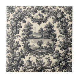Azulejo Toile De Jouy Countryside Floral Motif Monochrome 