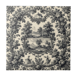 Azulejo Toile De Jouy Countryside Floral Motif Monochrome 
