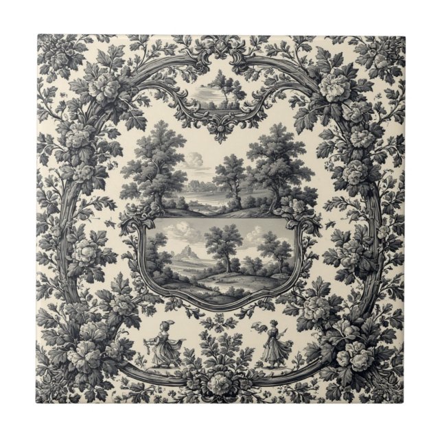 Azulejo Toile De Jouy Countryside Floral Motif Monochrome  (Frente)