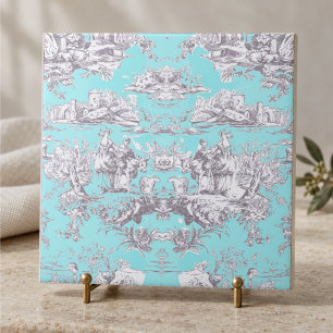Azulejo Toile de Jouy monograma floral azul acuático vinta