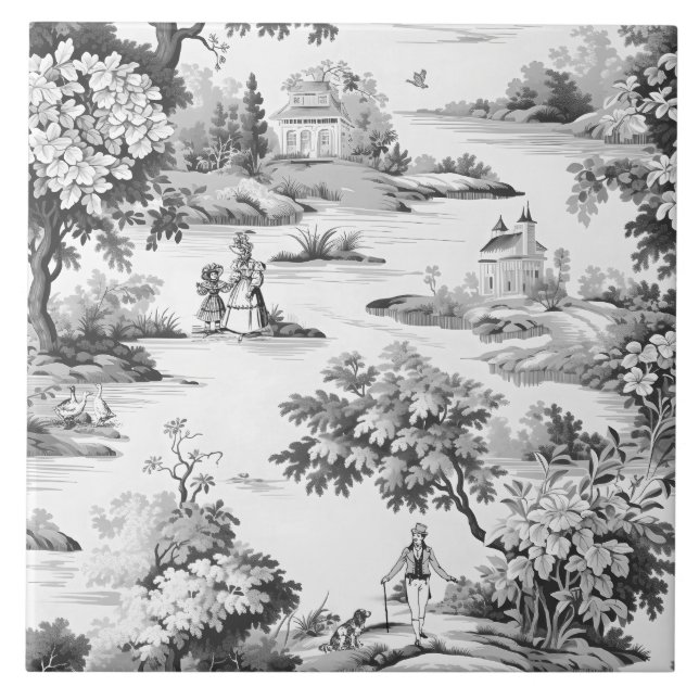 Azulejo Toile de jouy, negro y blanco, porcelana, (Frente)